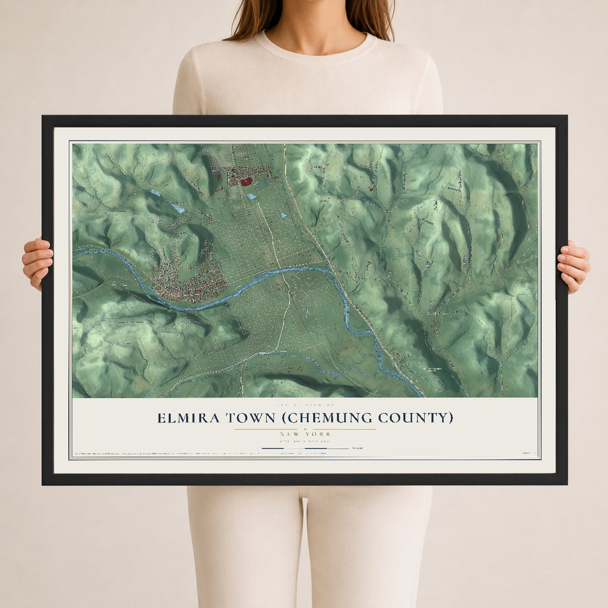 Elmira Town (Chemung County), New York map print, 24" x 36" W/ Black Ayous Wood Frame mockup