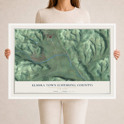 Elmira Town (Chemung County), New York map print, 24" x 36" W/ White Ayous Wood Frame mockup