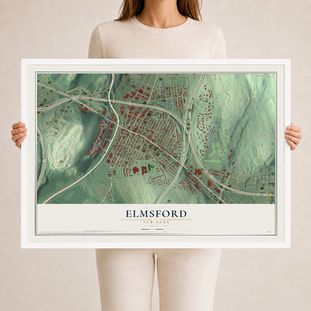 Elmsford, New York map print, 24" x 36" W/ White Ayous Wood Frame mockup