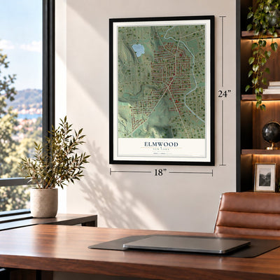 Elmwood, New York map, 18 x 24 inch print in a black frame in a home office