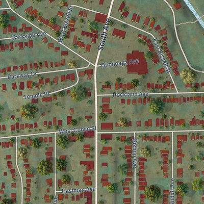 Close-up of the map of Elmwood, New York print showing street and building detail