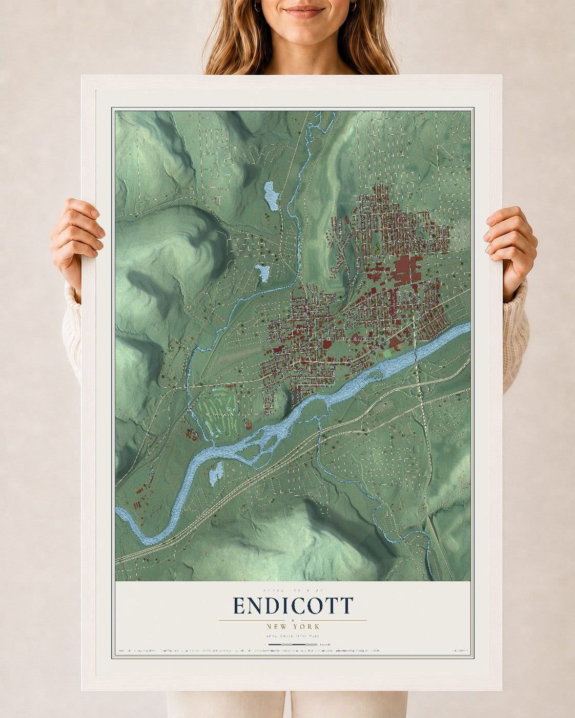 Endicott, New York map print, 24" x 36" W/ White Ayous Wood Frame mockup