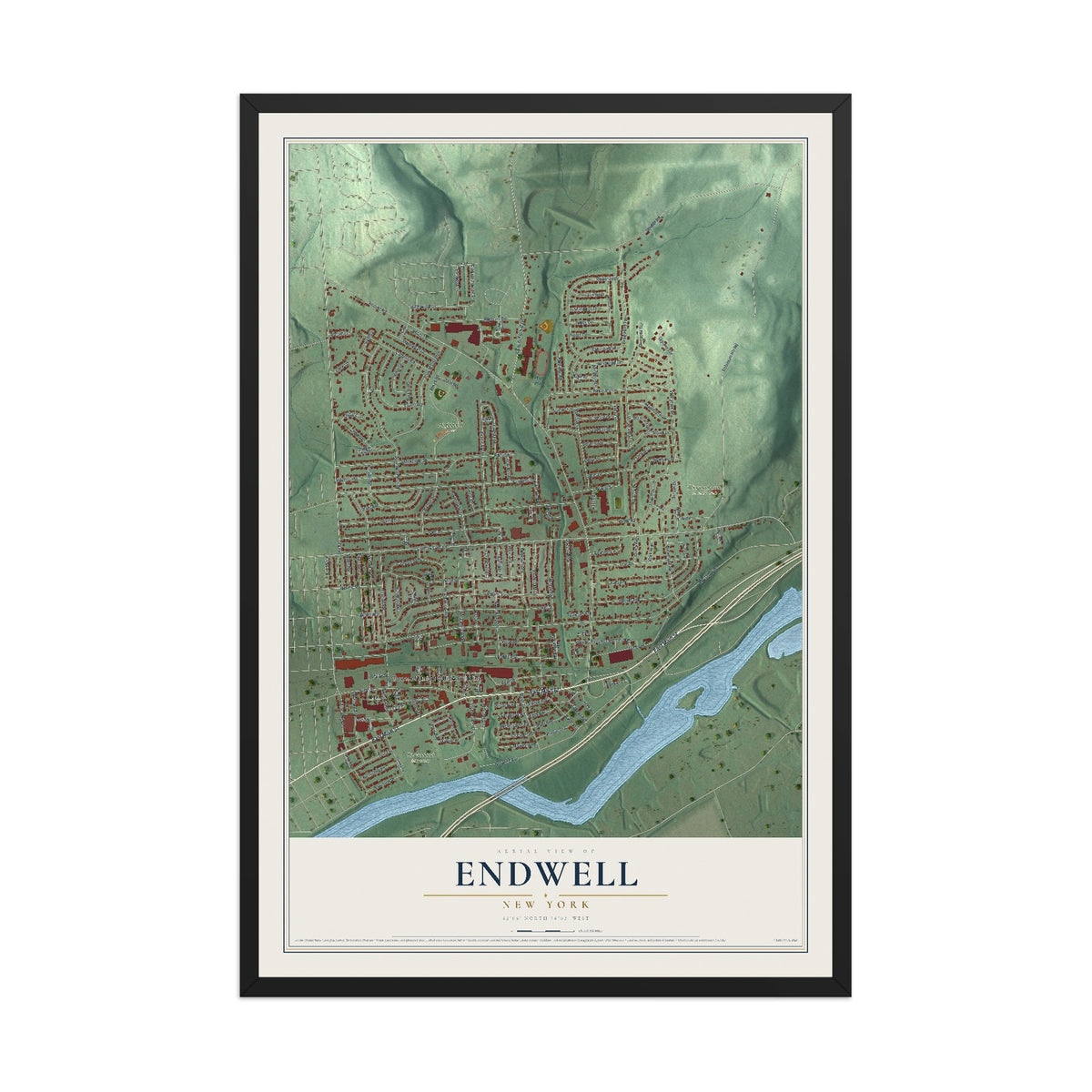 Endwell, New York map print, 12" x 18" W/ Black Ayous Wood Frame mockup