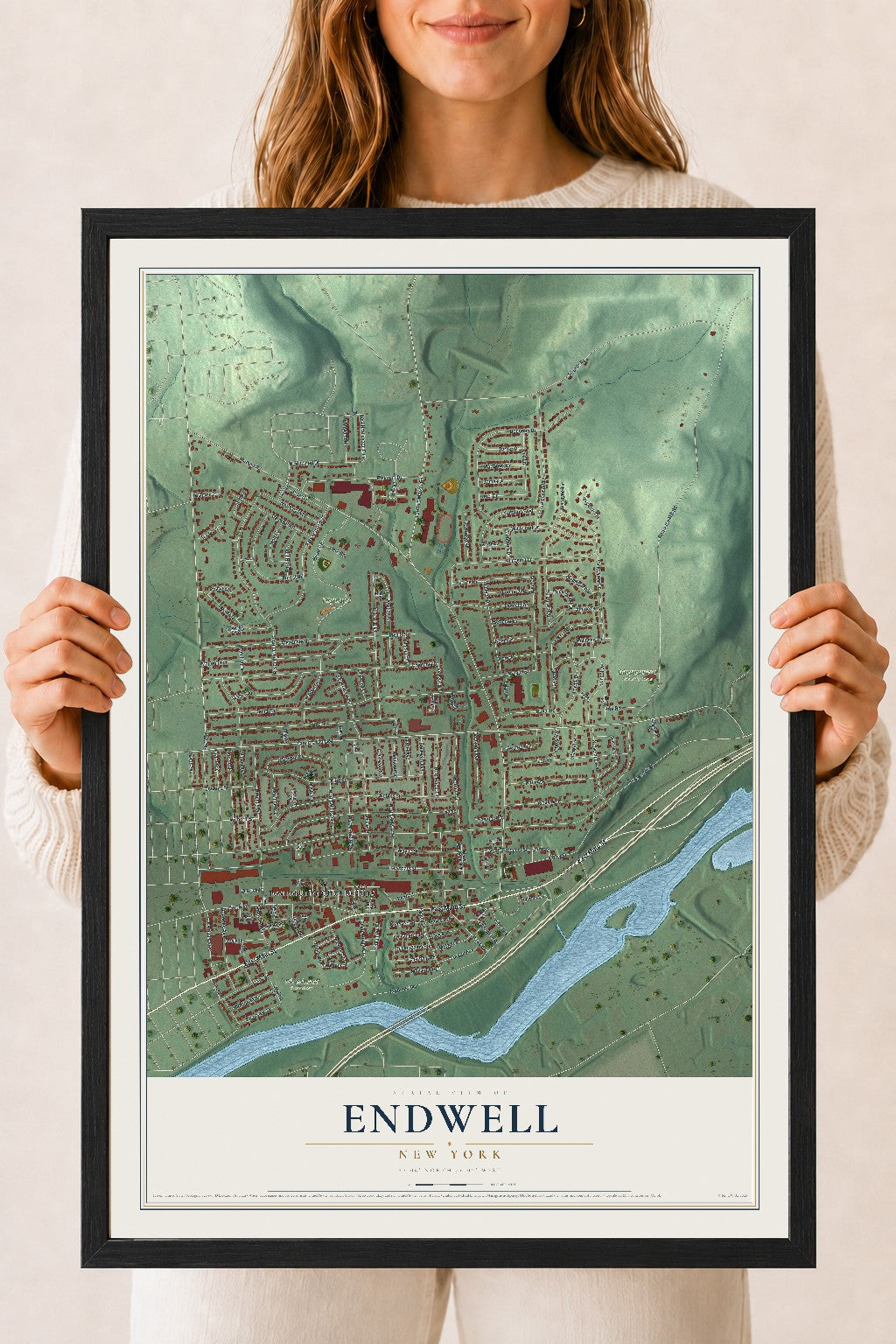 Endwell, New York map print, 18" x 24" W/ Black Ayous Wood Frame mockup