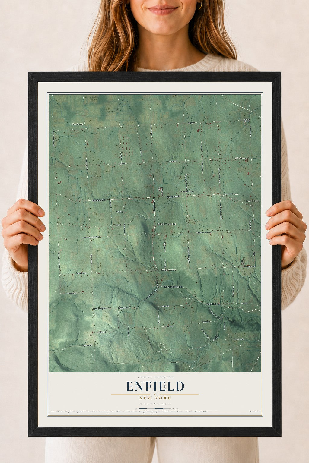 Enfield, New York map print, 18" x 24" W/ Black Ayous Wood Frame mockup