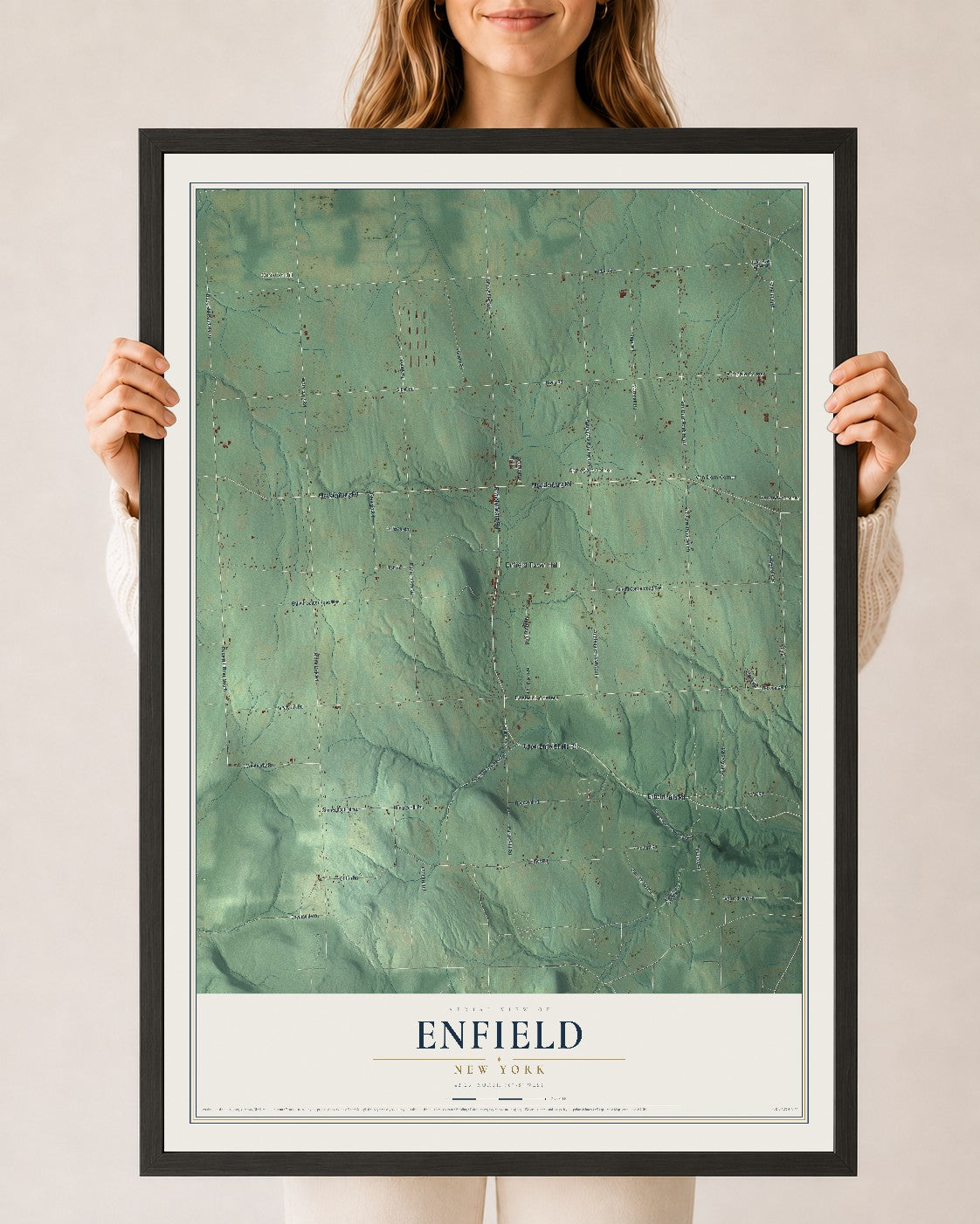 Enfield, New York map print, 24" x 36" W/ Black Ayous Wood Frame mockup