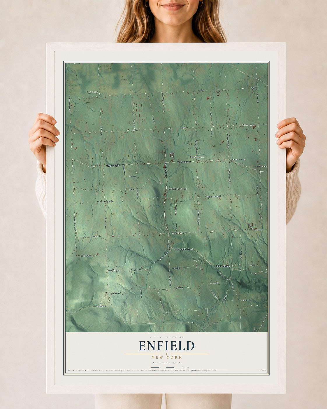 Enfield, New York map print, 24" x 36" W/ White Ayous Wood Frame mockup