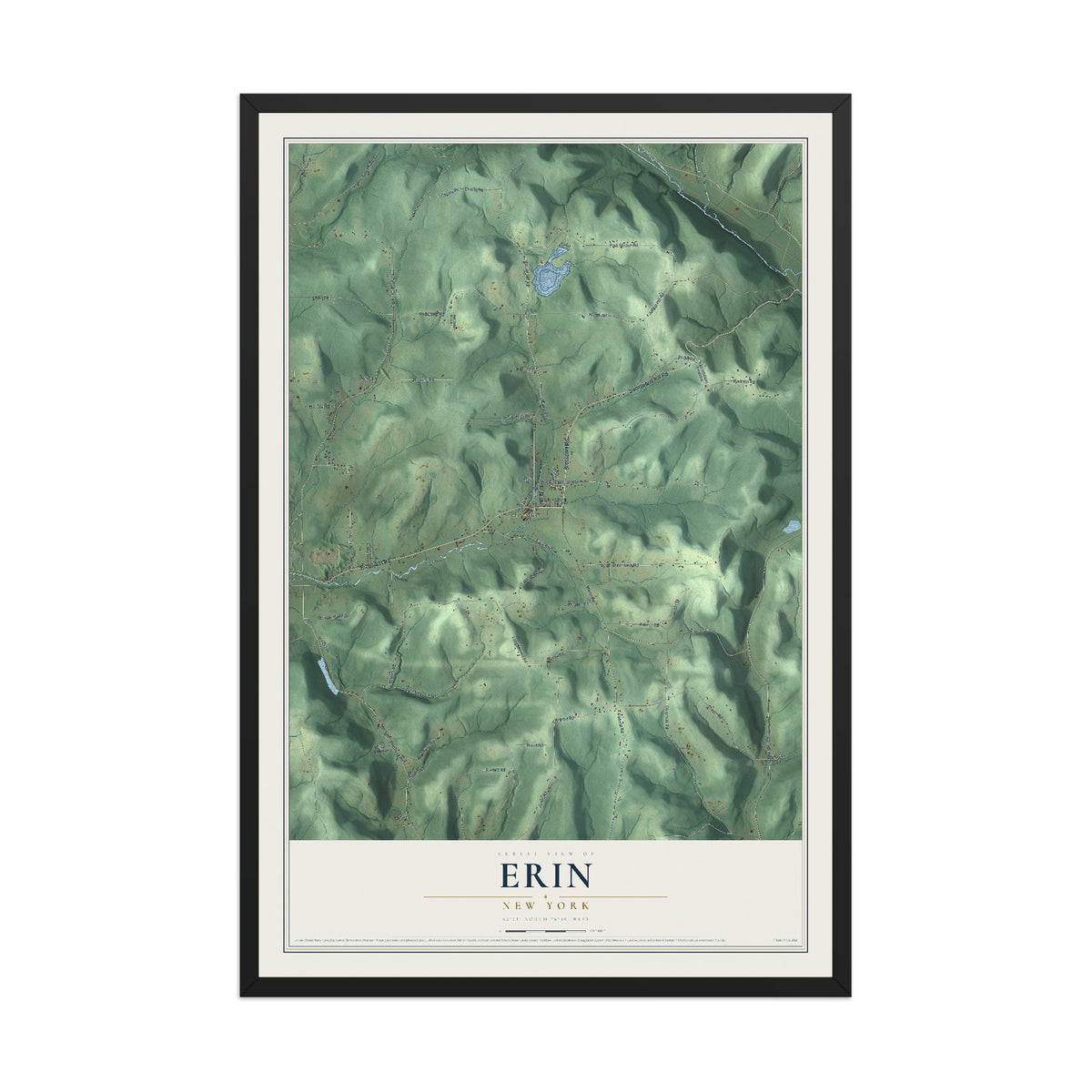 Erin, New York map print, 12" x 18" W/ Black Ayous Wood Frame mockup