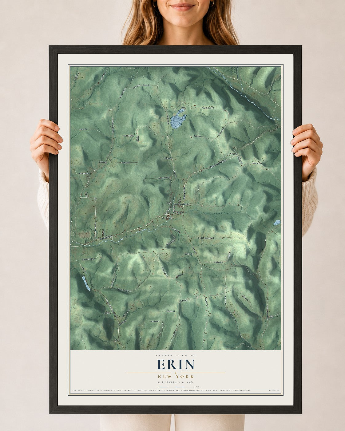 Erin, New York map print, 24" x 36" W/ Black Ayous Wood Frame mockup