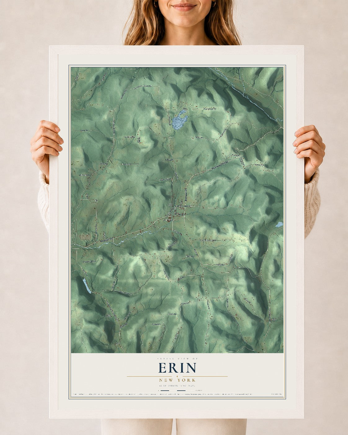 Erin, New York map print, 24" x 36" W/ White Ayous Wood Frame mockup