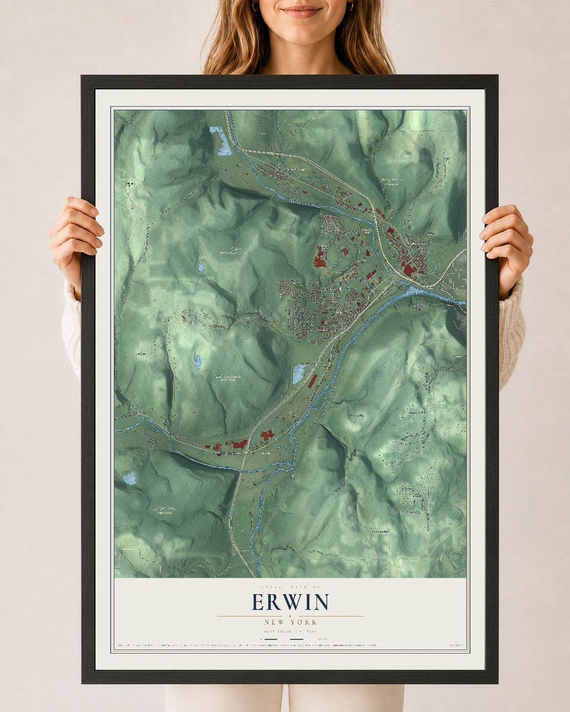 Erwin, New York map print, 24" x 36" W/ Black Ayous Wood Frame mockup