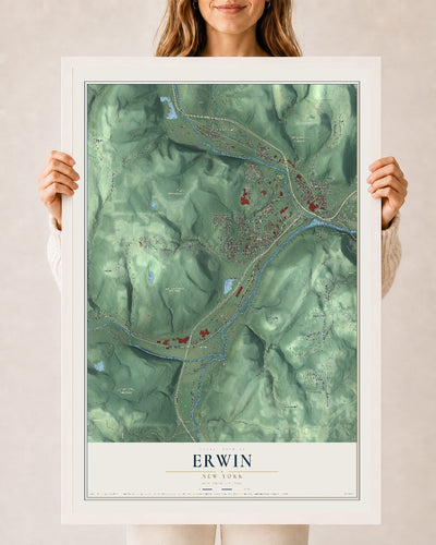 Erwin, New York map print, 24" x 36" W/ White Ayous Wood Frame mockup