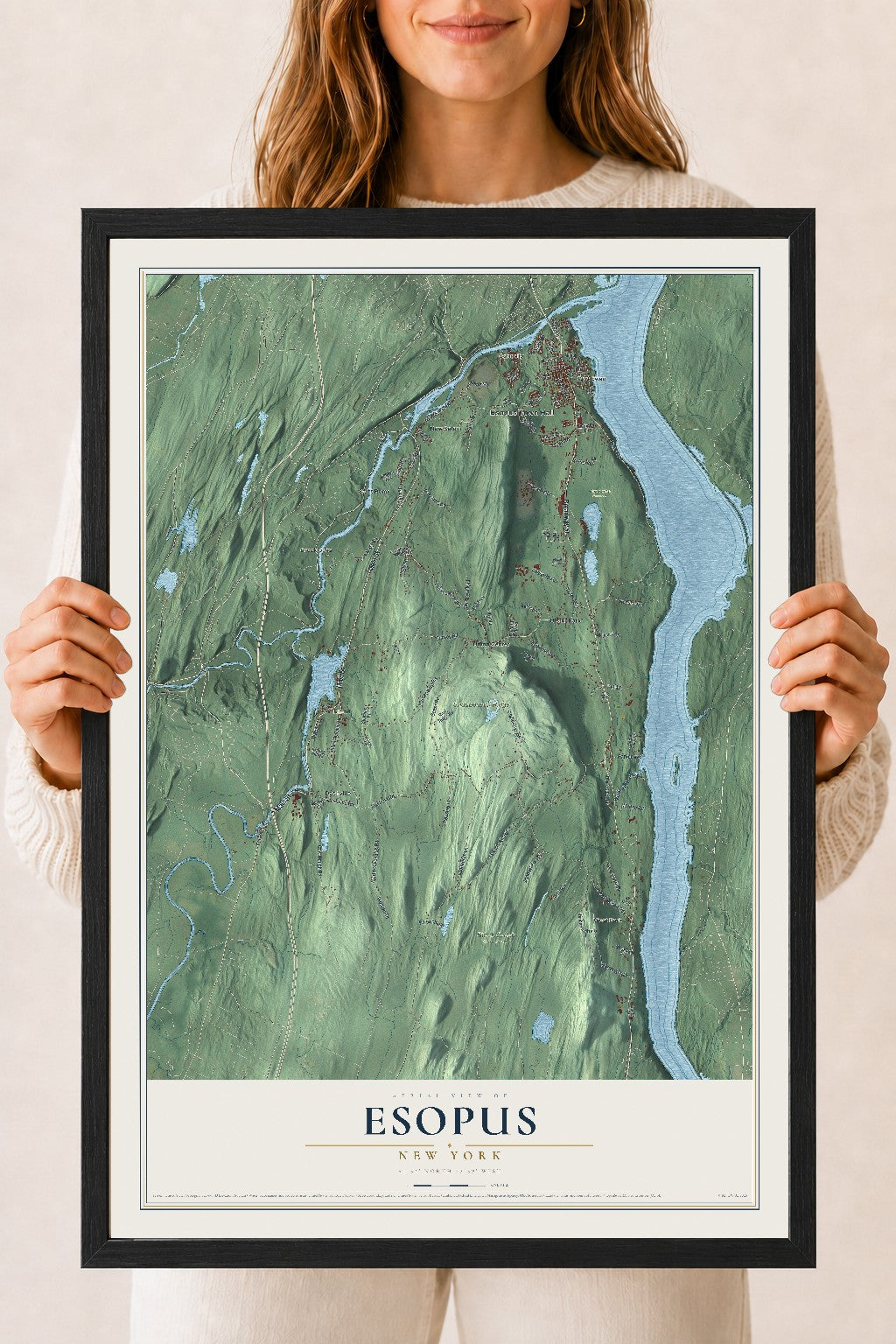 Esopus, New York map print, 18" x 24" W/ Black Ayous Wood Frame mockup