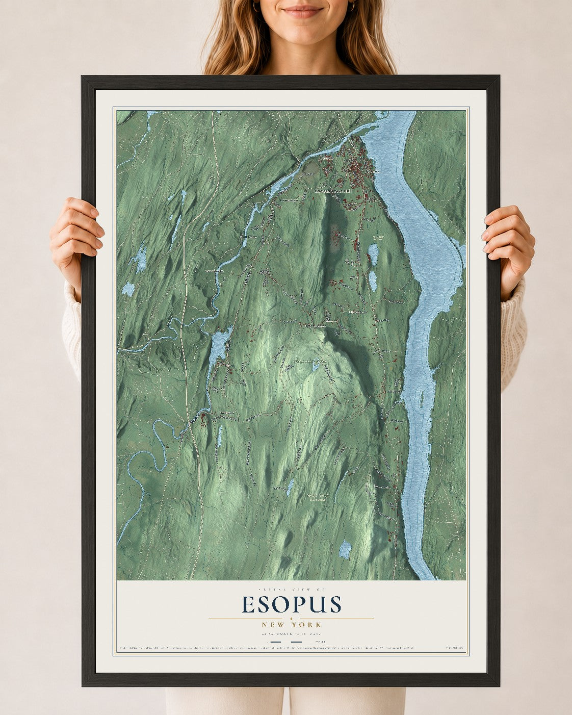 Esopus, New York map print, 24" x 36" W/ Black Ayous Wood Frame mockup
