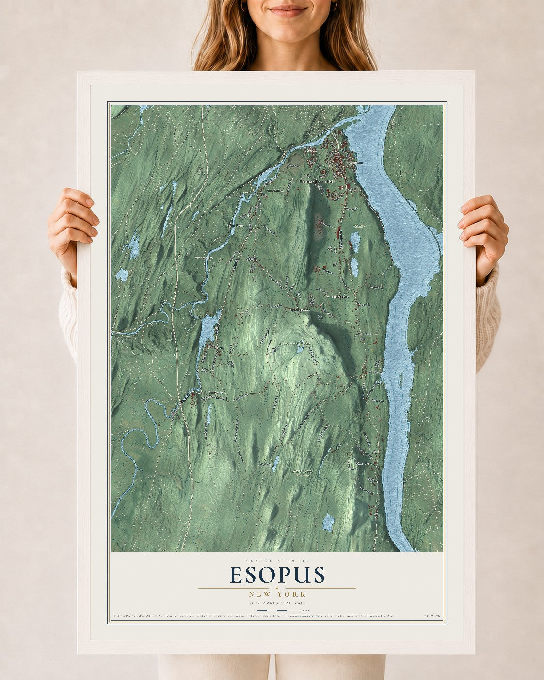Esopus, New York map print, 24" x 36" W/ White Ayous Wood Frame mockup