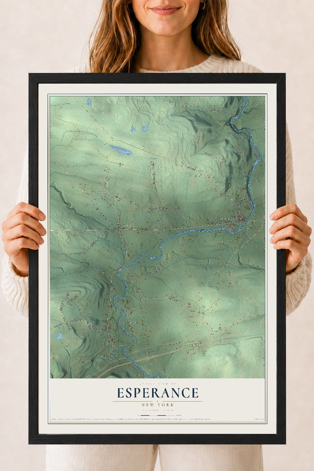 Esperance, New York map print, 18" x 24" W/ Black Ayous Wood Frame mockup