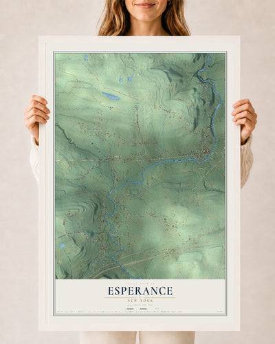 Esperance, New York map print, 24" x 36" W/ White Ayous Wood Frame mockup