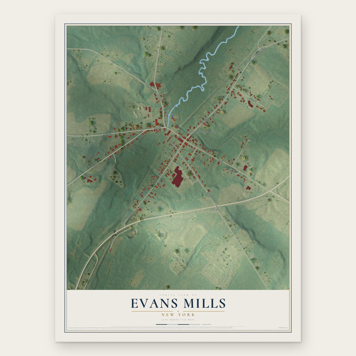 Evans Mills, New York map print, the full design