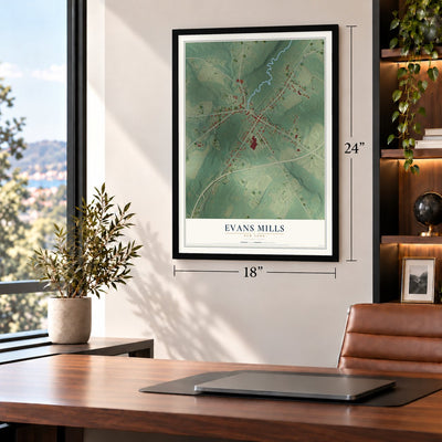 Evans Mills, New York map, 18 x 24 inch print in a black frame in a home office