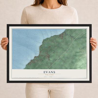 Evans, New York map print, 12" x 18" W/ Black Ayous Wood Frame mockup