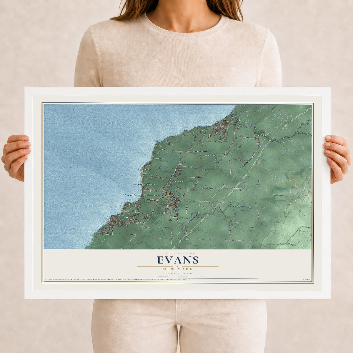 Evans, New York map print, 12" x 18" W/ White Ayous Wood Frame mockup