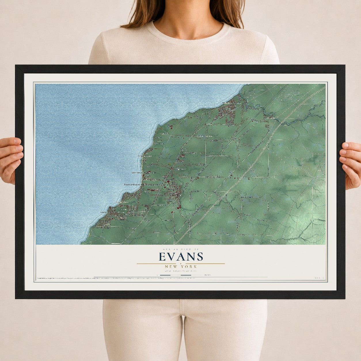 Evans, New York map print, 18" x 24" W/ Black Ayous Wood Frame mockup