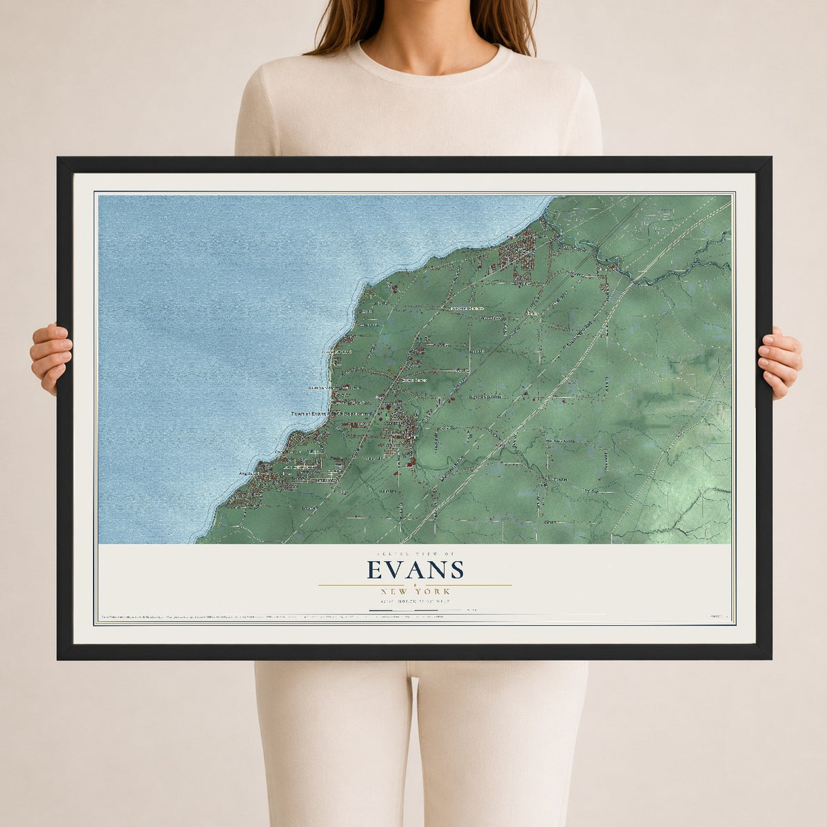 Evans, New York map print, 24" x 36" W/ Black Ayous Wood Frame mockup