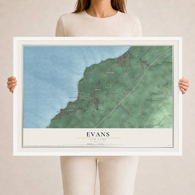Evans, New York map print, 24" x 36" W/ White Ayous Wood Frame mockup