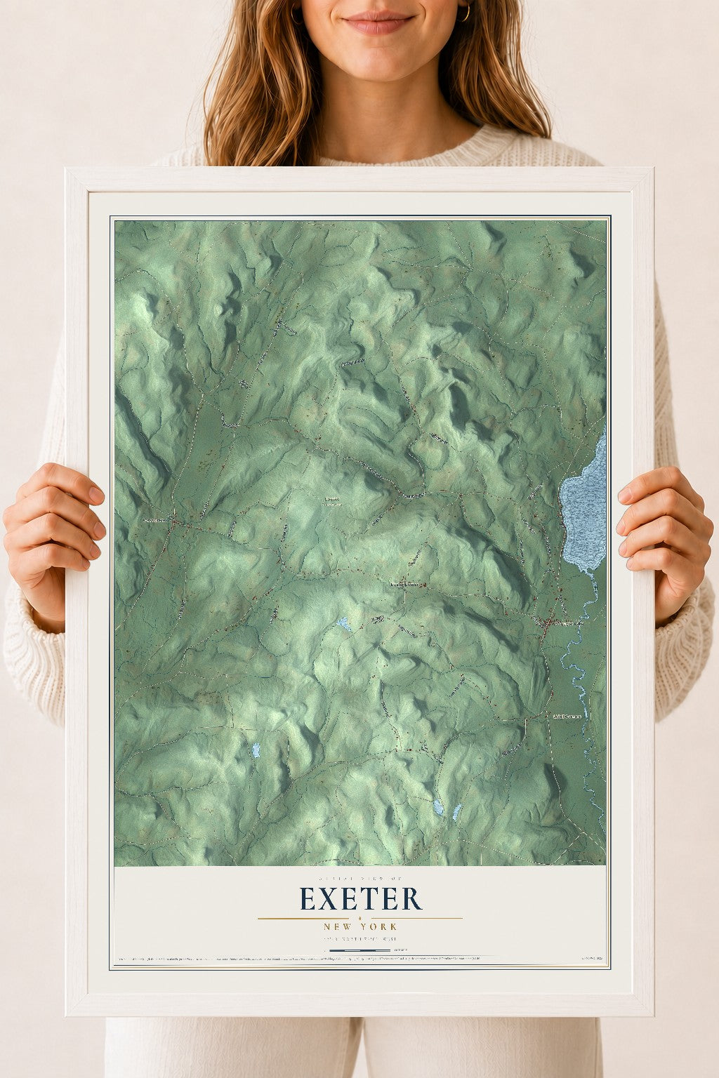 Exeter, New York map print, 18" x 24" W/ White Ayous Wood Frame mockup