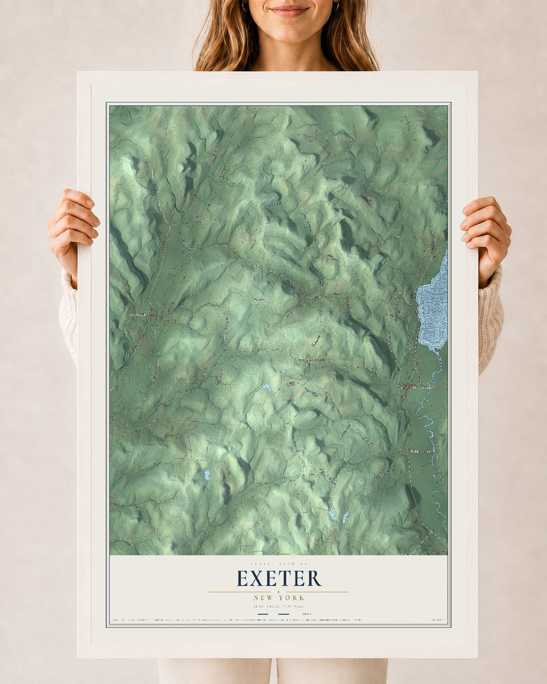 Exeter, New York map print, 24" x 36" W/ White Ayous Wood Frame mockup