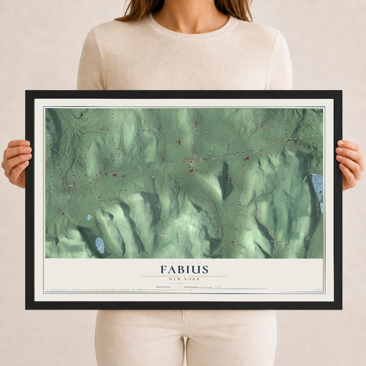 Fabius, New York map print, 12" x 18" W/ Black Ayous Wood Frame mockup