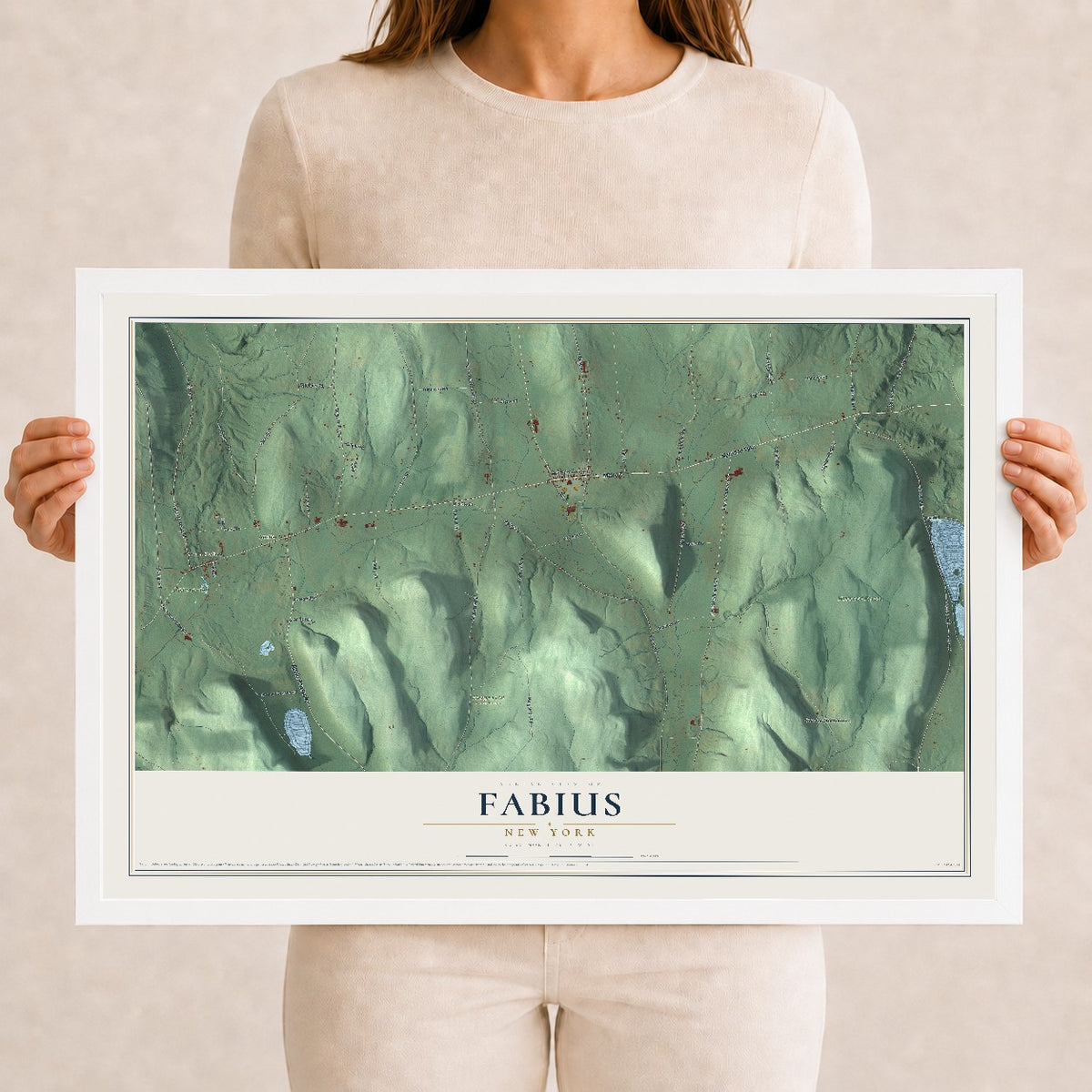 Fabius, New York map print, 12" x 18" W/ White Ayous Wood Frame mockup