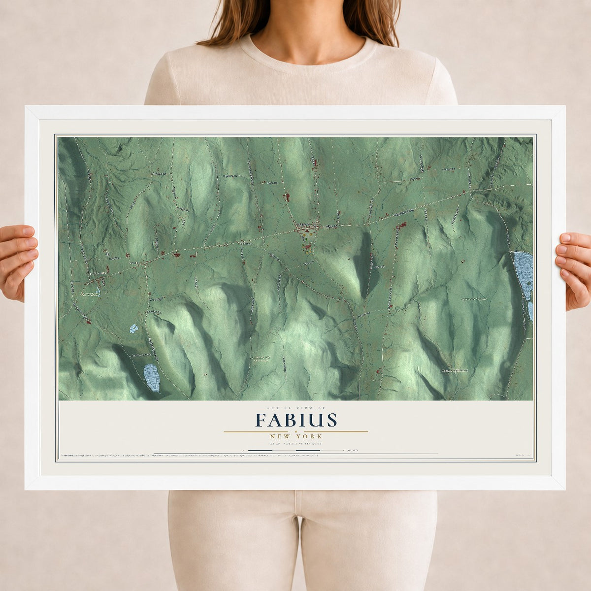 Fabius, New York map print, 18" x 24" W/ White Ayous Wood Frame mockup
