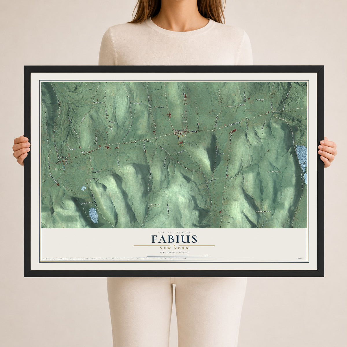 Fabius, New York map print, 24" x 36" W/ Black Ayous Wood Frame mockup