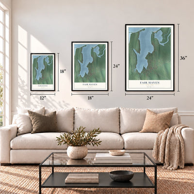 Fair Haven, New York map in 12 x 18, 18 x 24 and 24 x 36 inch sizes above a sofa