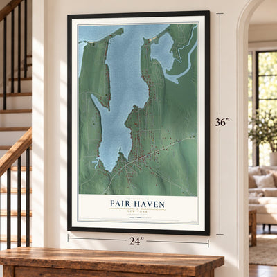 Fair Haven, New York map, 24 x 36 inch print in a black frame by a staircase