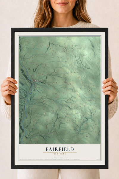 Fairfield, New York map print, 18" x 24" W/ Black Ayous Wood Frame mockup