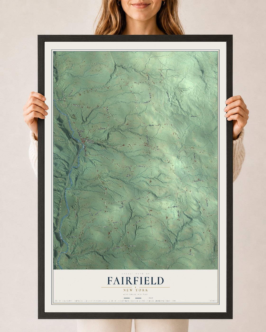 Fairfield, New York map print, 24" x 36" W/ Black Ayous Wood Frame mockup
