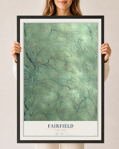 Fairfield, New York map print, 24" x 36" W/ Black Ayous Wood Frame mockup