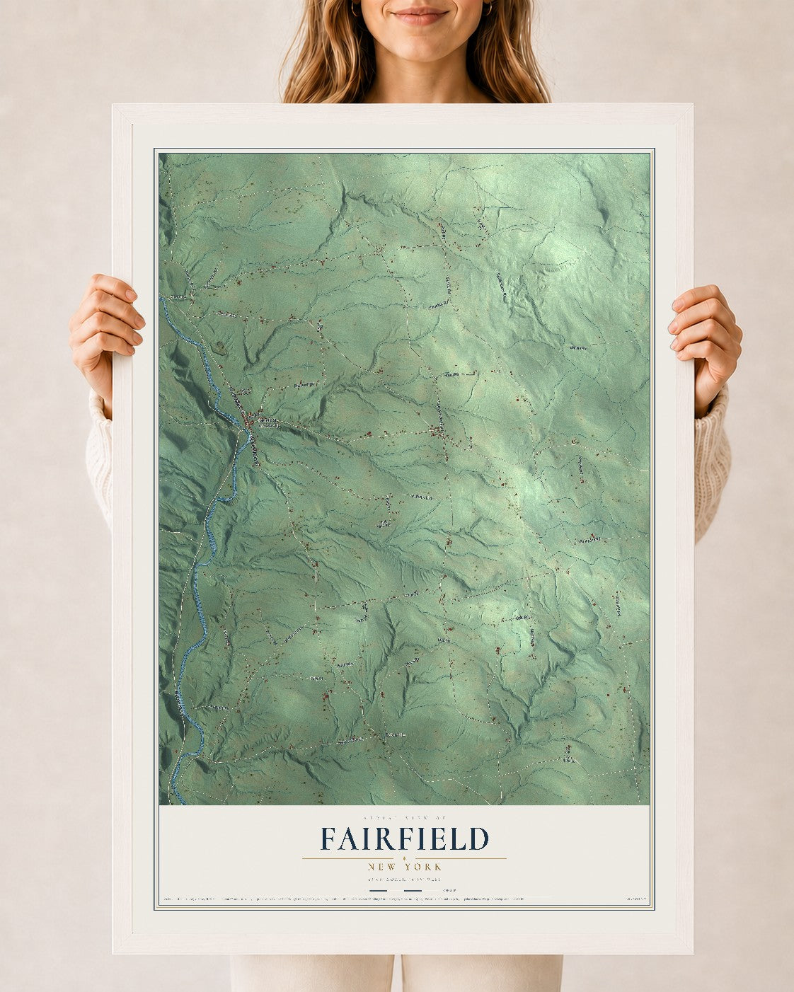 Fairfield, New York map print, 24" x 36" W/ White Ayous Wood Frame mockup
