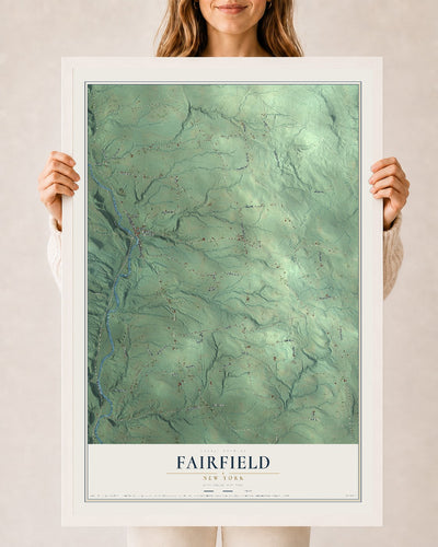Fairfield, New York map print, 24" x 36" W/ White Ayous Wood Frame mockup