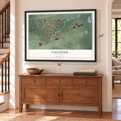 Falconer, New York map, 24 x 36 inch print in a black frame above a dresser by a staircase