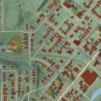 Close-up of the map of Falconer, New York print showing street and building detail