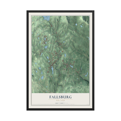 Fallsburg, New York map print, 12" x 18" W/ Black Ayous Wood Frame mockup
