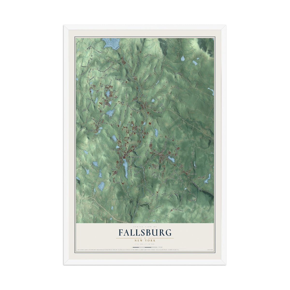 Fallsburg, New York map print, 12" x 18" W/ White Ayous Wood Frame mockup
