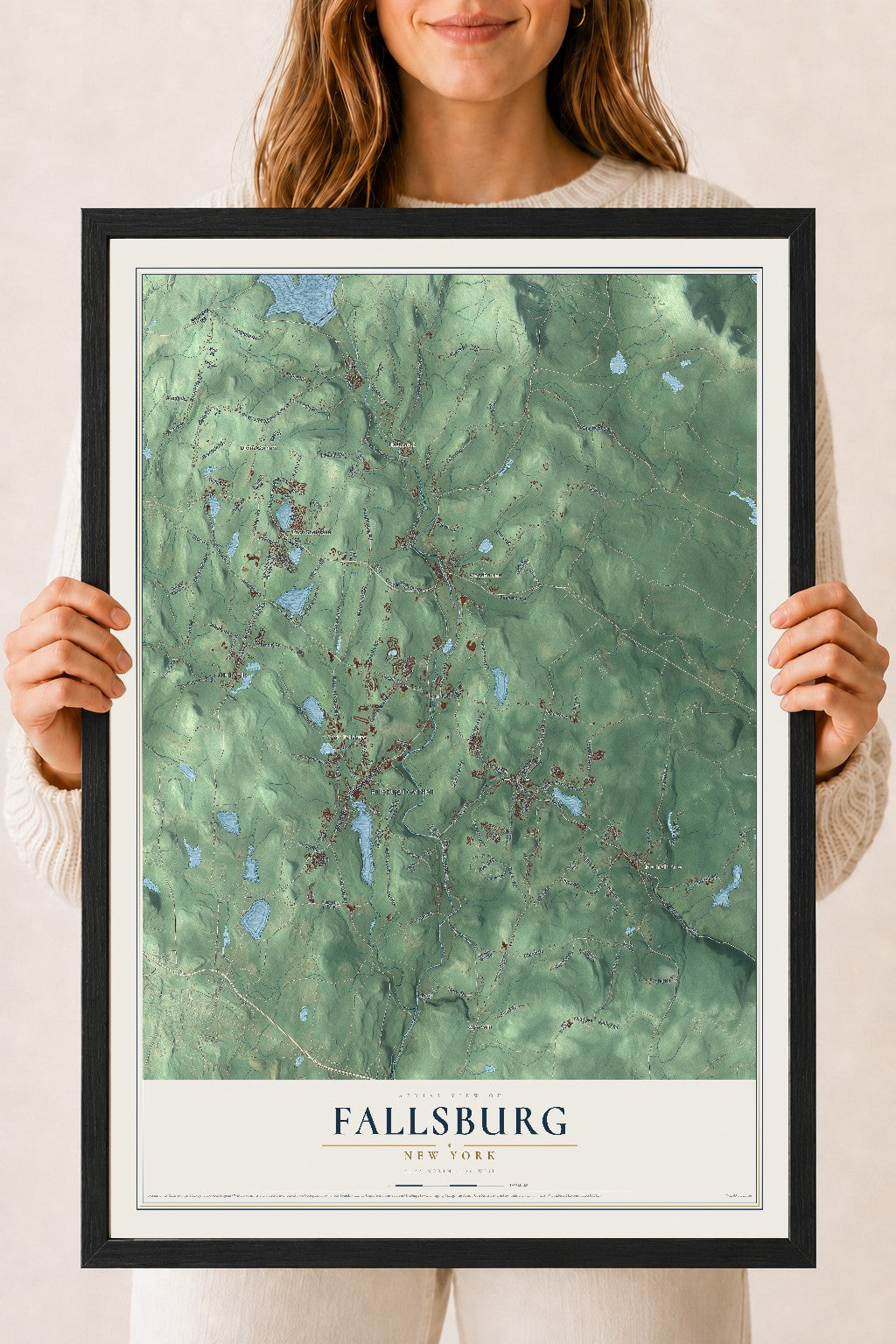 Fallsburg, New York map print, 18" x 24" W/ Black Ayous Wood Frame mockup
