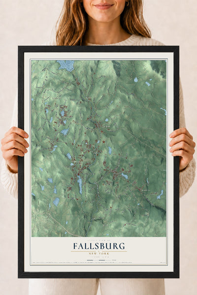Fallsburg, New York map print, 18" x 24" W/ Black Ayous Wood Frame mockup