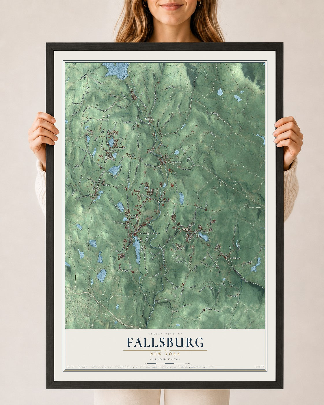 Fallsburg, New York map print, 24" x 36" W/ Black Ayous Wood Frame mockup