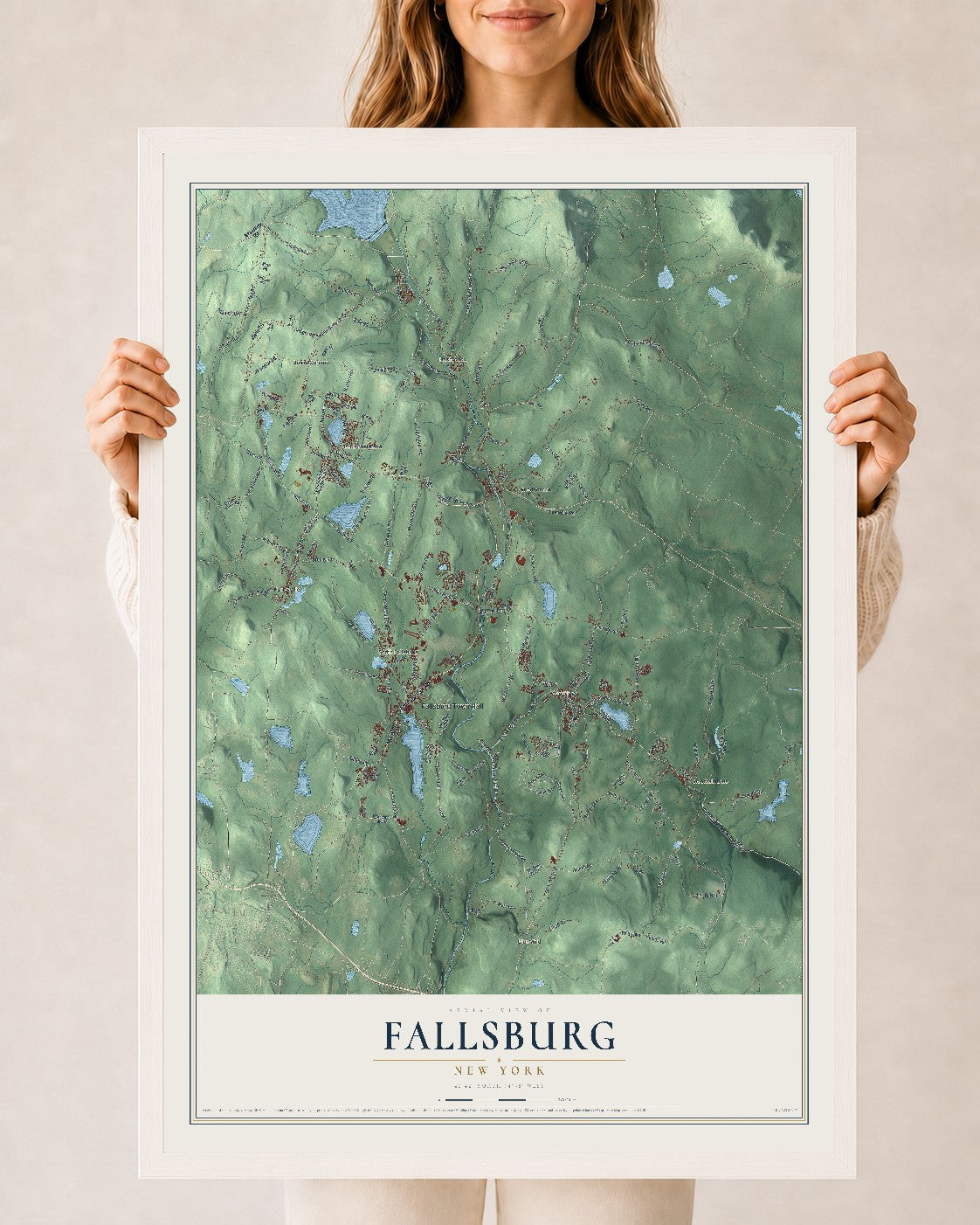 Fallsburg, New York map print, 24" x 36" W/ White Ayous Wood Frame mockup