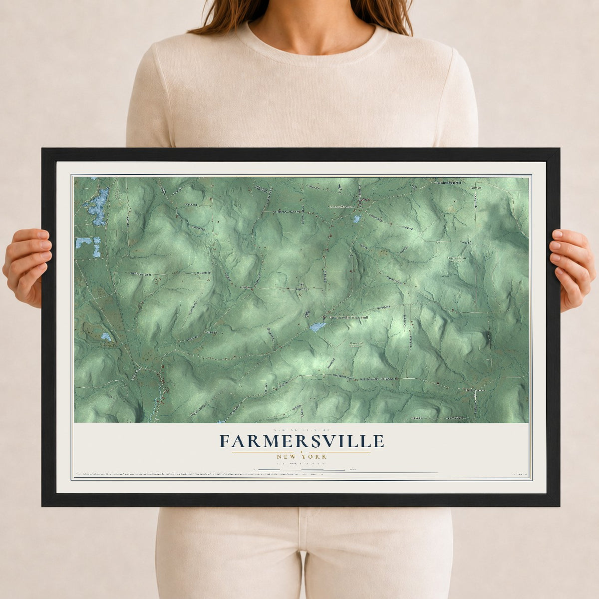 Farmersville, New York map print, 12" x 18" W/ Black Ayous Wood Frame mockup